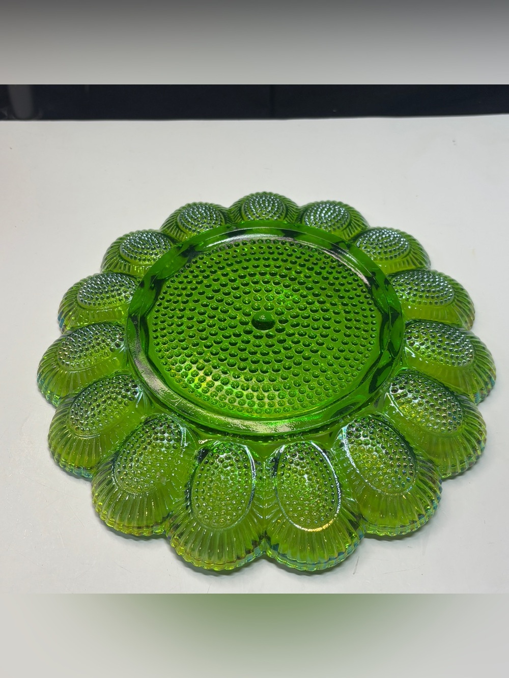 Indiana Glass Iridescent Green Carnival Hobnail Thousand Eye Egg Plate - Picture 10 of 12
